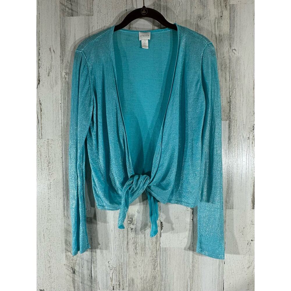 Chicos‎ Semi Sheer Sweater Size 0 or Small Turquoise Silver Flecks Tie Front